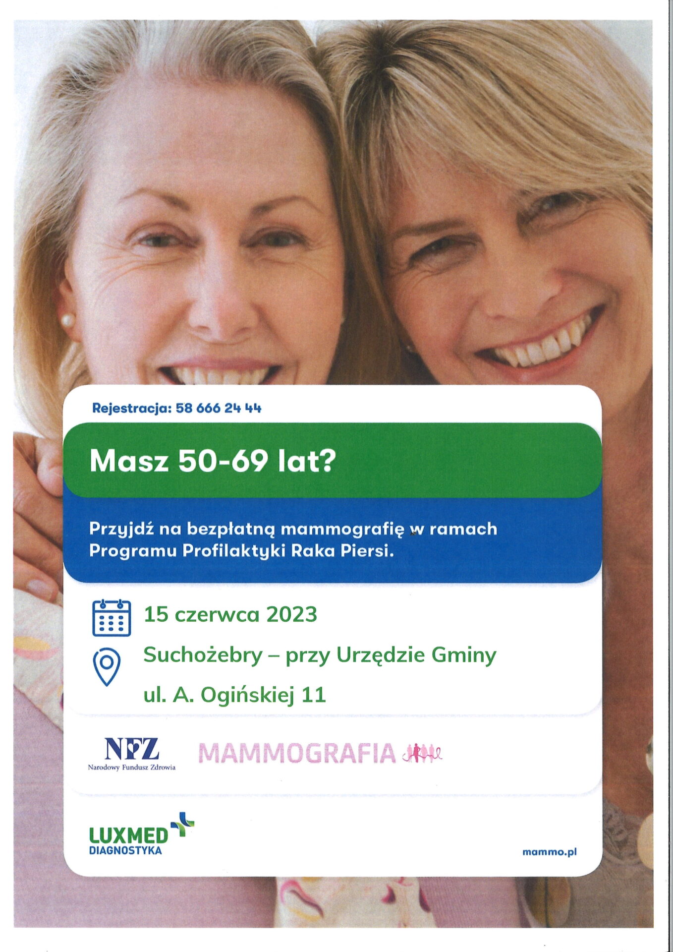 plakat - zaproszenie na bezpłatne badanie mammograficzne Suchożebry  15 czerwca 2023 r.