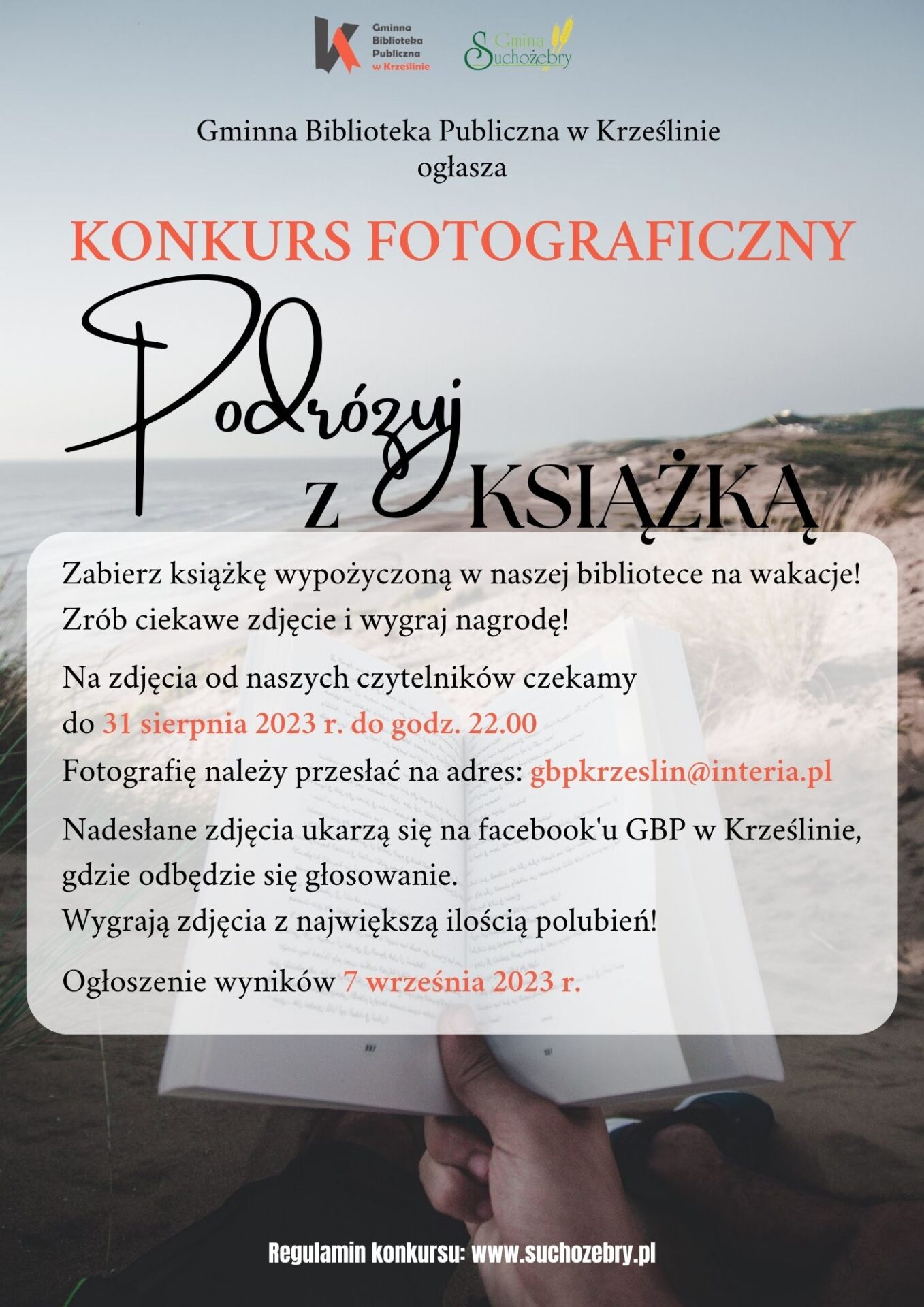 plakat informujący o konkursie fotograficznym pn. podróżuj z książką