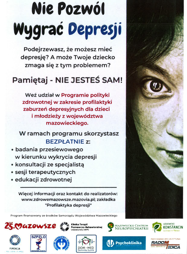 Plakat informujący o programie walki z depresją. Z prawej strony twarz dziewczyny, z lewej informacje szczegółowe.