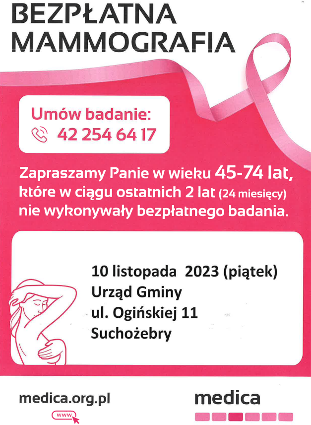 Plakat informujący o bezpłatnym badaniu mammograficznym 10 listopada 2023 r. przy urzędzie gminy w Suchożebrach, ul. A. Ogińskiej 11.