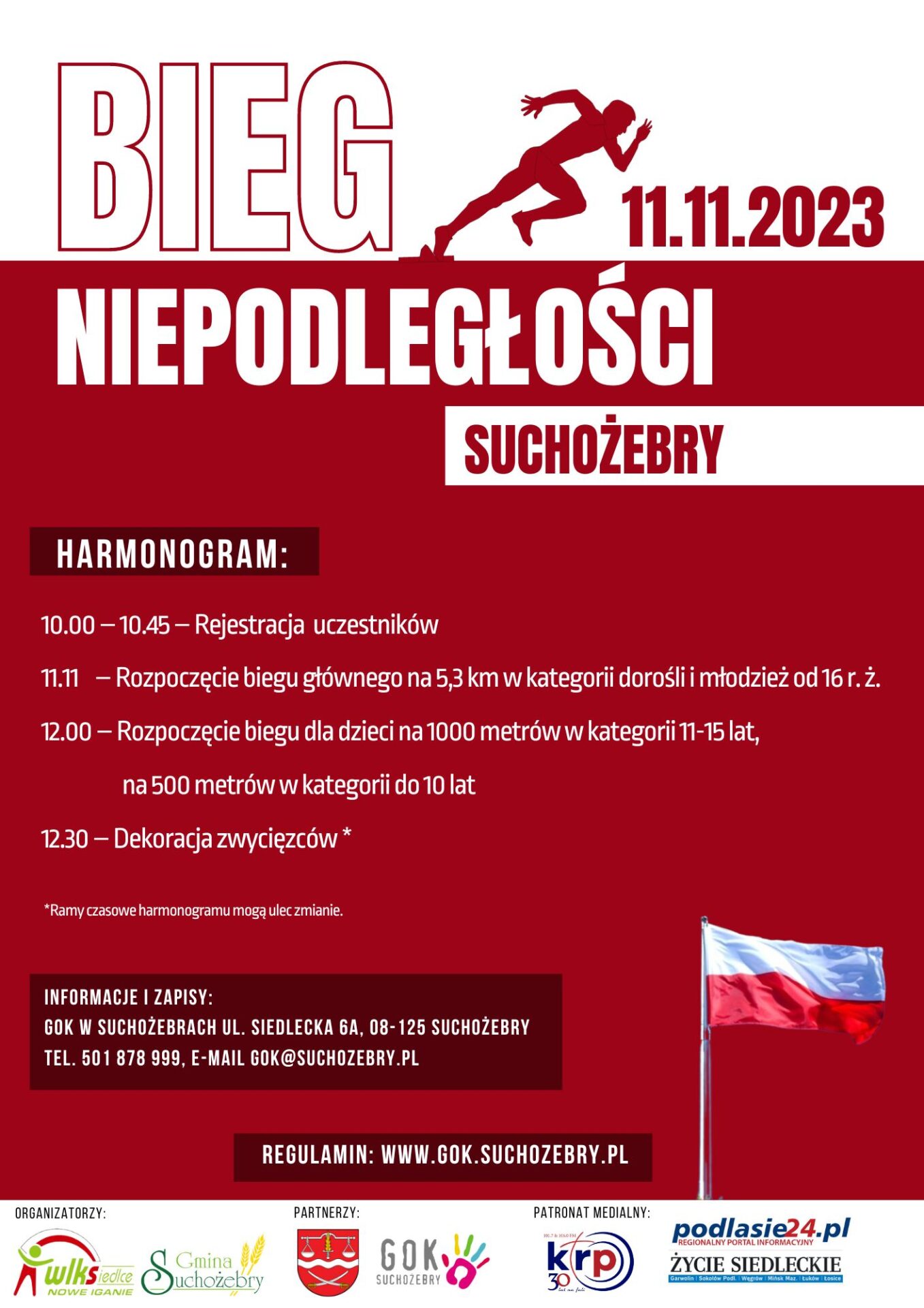 Plakat w kolorystyce czerwono-białej informujacy o biegu niepodległości w Suchożebrach 11 listopada 2023 r.