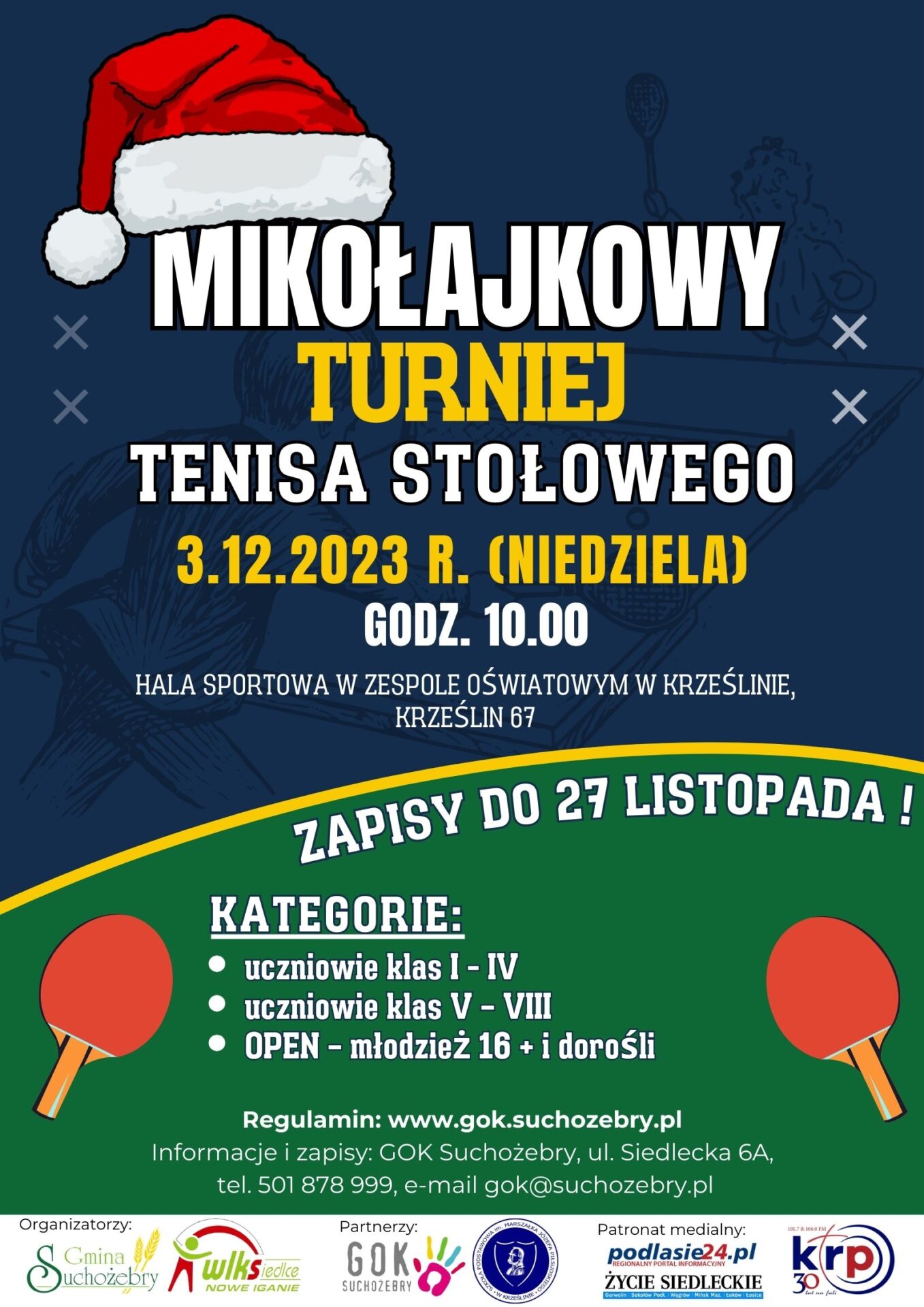 Mikołajkowy Turniej Tenisa Stołowego - plakat na granatowo-zielonym tle. W dole dwie czerwone paletki do tenisa stołowego.