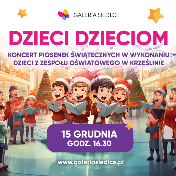Plakat przedstawiający grafikę dzieci śpiewających ze śpiewników. Ubrane w czapki św. Mikołaja.