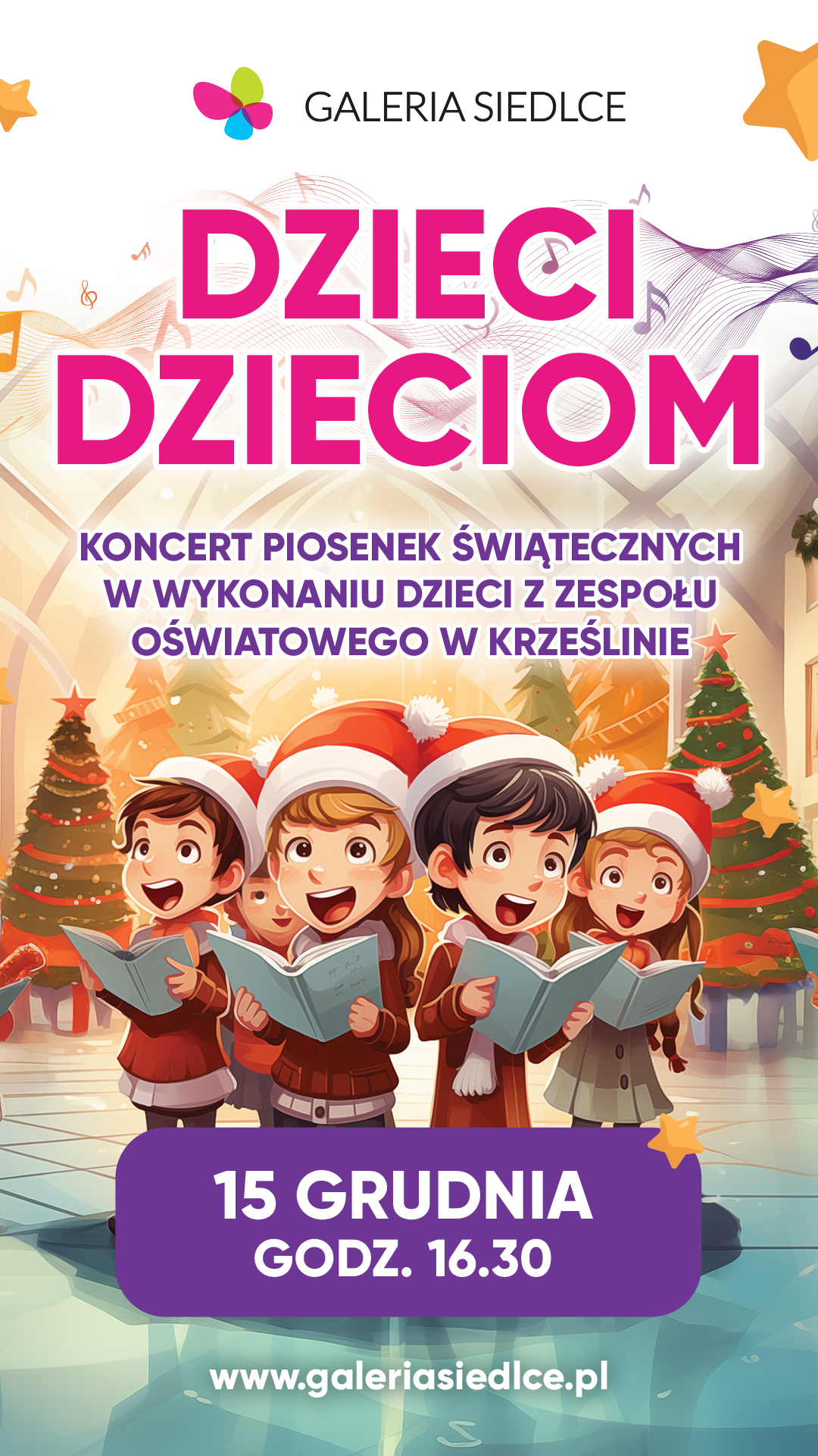 Plakat przedstawiający grafikę dzieci śpiewających ze śpiewników. Ubrane w czapki św. Mikołaja.