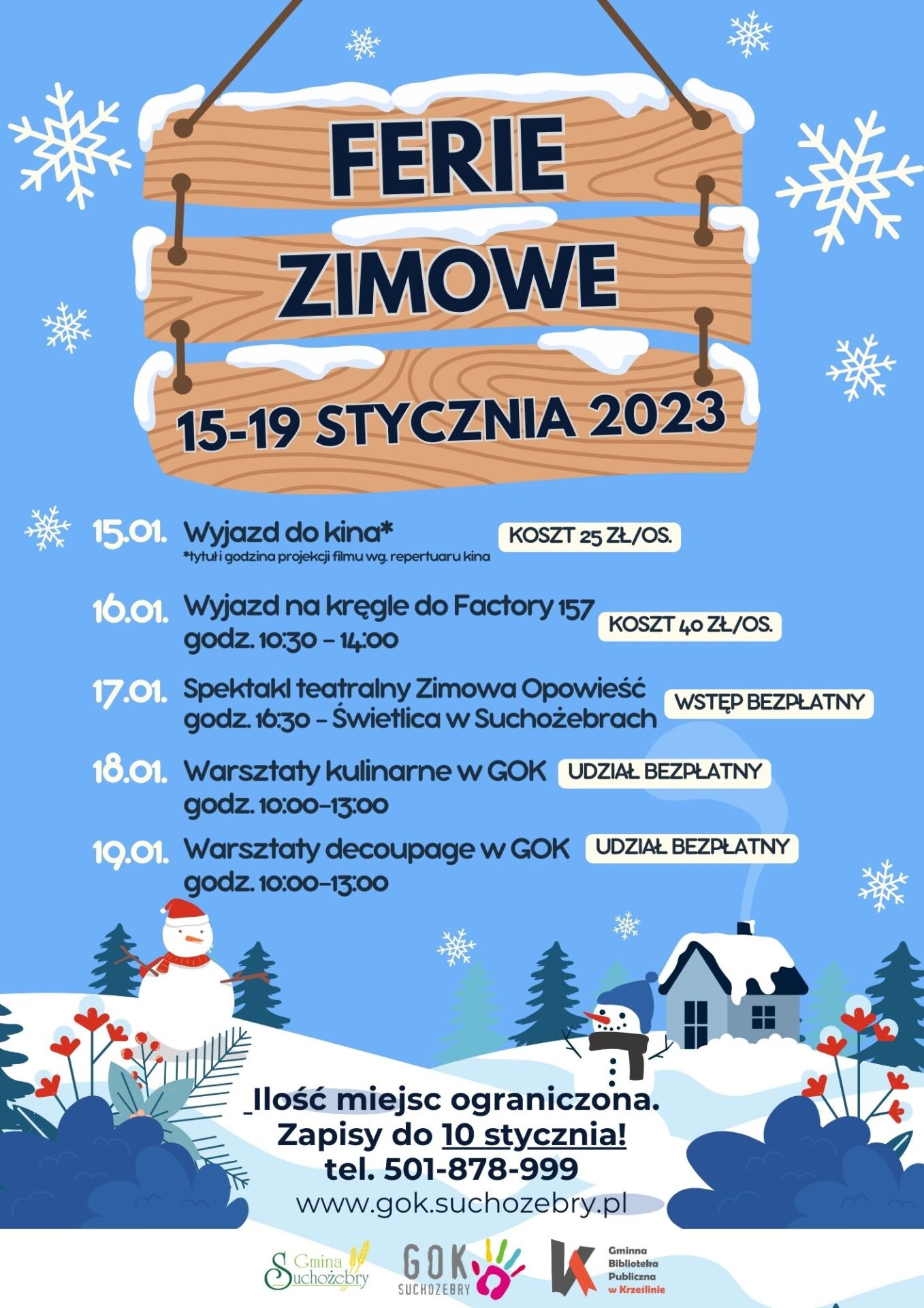 Plakat na niebieskim tle informujący o ofercie GOK w Suchożebrach o atrakcjach w ferie zimowe 2024.